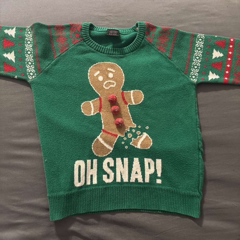 Ugly Christmas Sweater Kids S (6-6x) Green Gingerbread Man Oh Snap Holiday